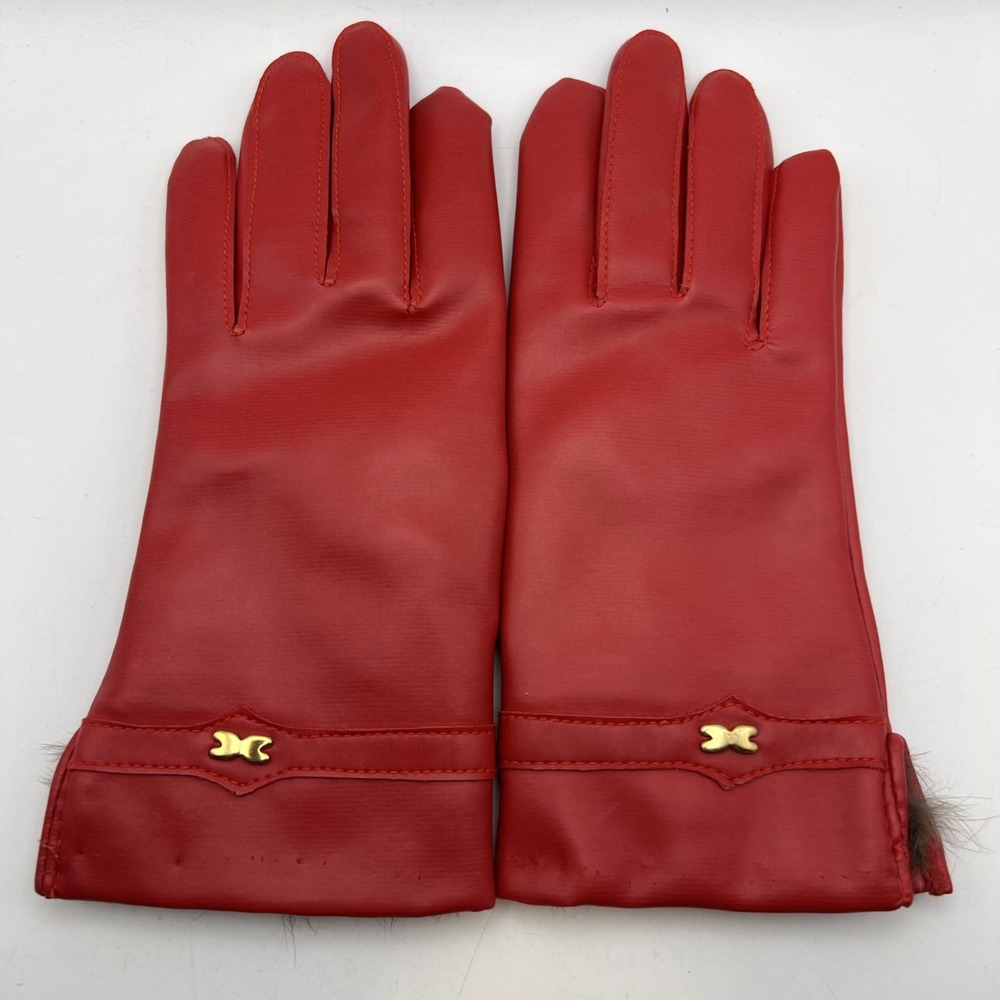 Vintage Red Dress Gloves Rabbit Fur Trim Cuff Sz M/L Fits XS Kids Petite Retro